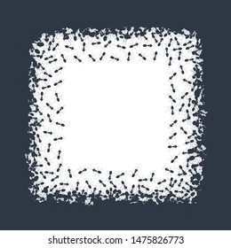 Square silhouette of chaotic running ants on white background. Crawling insects colony backdrop poster. Teamwork and cooperation concept.  Vector cartoon illustration. 