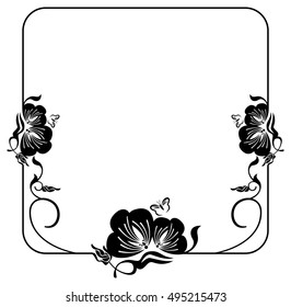 Square silhouette flower frame. Simple black and white frame with abstract flowers.