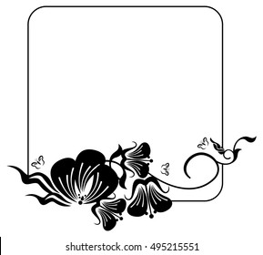 Square silhouette flower frame. Simple black and white frame with abstract flowers.