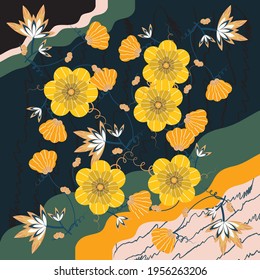 square silk design with abstract shapes that make a modern impression. with deep back fibers. paired with flowers full of bright yellow color. suitable for fabric printing. square silk, scarf