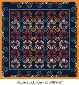 Square silk scarf with abstract circle pattern design on navy background. Scarves motif