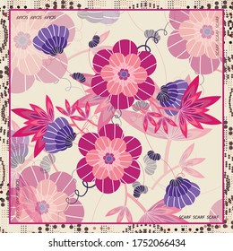 Square Silk Scarf Design With Floral Ethnic