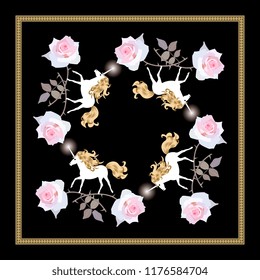 Square silk scarf with four funny unicorns and large pink rose flowers on black background in vector. Ornamental frame.