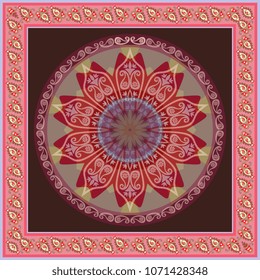 Square silk scarf with mandala sun and paisley border in indian style. Orienatal ethnic motives. Vector design.