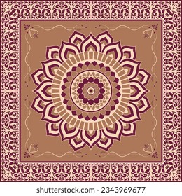 Square silk scarf with mandala sun and paisley border in indian style. Orienatal ethnic motives.