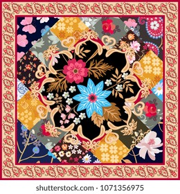 Square silk scarf with stylized mandala, patchwork ornament and paisley border in vector. Ethnic oriental motives. Summer design in retro style.