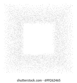 Square silver confetti frame or border of random scatter silvery stars isolated on white.