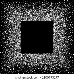 Square silver frame or border with glitter particles effect. Argent dust sparkling texture. Use for banner, greeting and Christmas card, postcard, wedding invitation. Vector illustration.