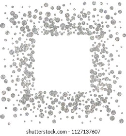 Square silver frame or border with glitter particles effect. Argent dust sparkling texture. Use for banner, greeting and Christmas card, postcard, wedding invitation. Vector illustration.