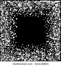 Square silver frame or border with glitter particles effect. Argent dust sparkling texture. Use for banner, greeting and Christmas card, postcard, wedding invitation. Vector illustration.