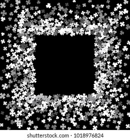 Square silver frame or border of random scatter clover leaves. Elegant St. Patricks day design for festive banner, greeting card, postcard, invitation, flyer, poster. Vector illustration.