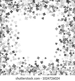 Square silver frame or border of random scatter clover leaves. Elegant St. Patricks day design for festive banner, greeting card, postcard, invitation, flyer, poster. Vector illustration.