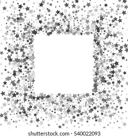 Square silver frame or border of random scatter platinum stars on white background. Design element for festive banner, birthday and greeting card, postcard, wedding invitation. Vector illustration.