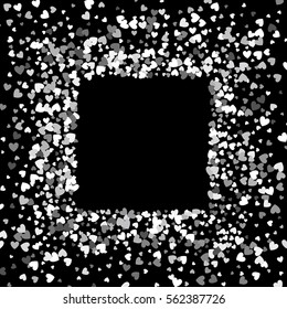 Square silver frame or border of random scatter hearts. Design element for festive banner, greeting card, postcard, wedding invitation, Valentines day and save the date card. Vector illustration.