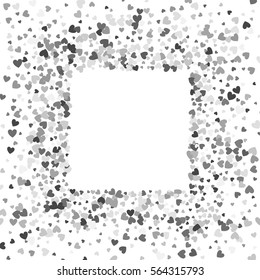 Square silver frame or border of random scatter hearts. Design element for festive banner, greeting card, postcard, wedding invitation, Valentines day and save the date card. Vector illustration.