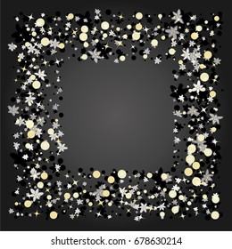 Square silver frame or border of random scatter silvery dots and flowers on grey background. Floral silver confetti border. Design element for festive banner, greeting card, wedding invitation.
