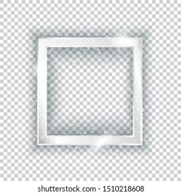 Square silver frame with lights effect on transparent background. Shining banner with stars and glitter. Vector template
