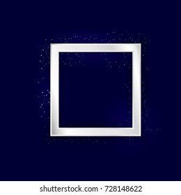 Square silver frame with lights effect on dark background. Shining banner with stars and glitter. Vector template