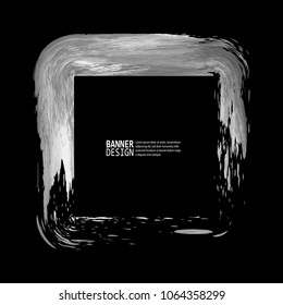 Square silver frame on a black background. Luxury vintage border, Label, logo design isolated element. Hand drawn grunge vector Illustration. Abstract chrome brush