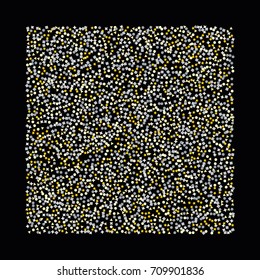 Square silver and gold sparkle background of random scatter golden and silvery circles, squares, stars, triangles and pentagons isolated on black.