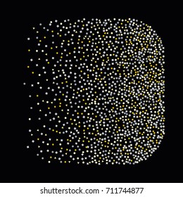 Square silver and gold sparkle background of random scatter golden and silvery circles, squares, stars, triangles and pentagons isolated on black.