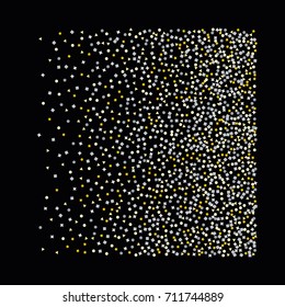 Square silver and gold sparkle background of random scatter golden and silvery circles, squares, stars, triangles and pentagons isolated on black.