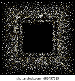 Square silver and gold sparkle frame or border of random scatter golden and silvery circles, squares, stars, triangles and pentagons isolated on black.
