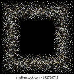 Square silver and gold sparkle frame or border of random scatter golden and silvery circles, squares, stars, triangles and pentagons isolated on black.