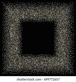 Square silver and gold sparkle frame or border of random scatter golden and silvery circles, squares, stars, triangles and pentagons isolated on black.