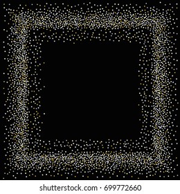 Square silver and gold sparkle frame or border of random scatter golden and silvery circles, squares, stars, triangles and pentagons isolated on black.
