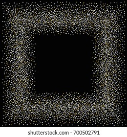 Square silver and gold sparkle frame or border of random scatter golden and silvery circles, squares, stars, triangles and pentagons isolated on black.