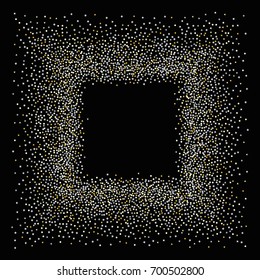 Square silver and gold sparkle frame or border of random scatter golden and silvery circles, squares, stars, triangles and pentagons isolated on black.