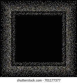 Square silver and gold sparkle frame or border of random scatter golden and silvery circles, squares, stars, triangles and pentagons isolated on black.