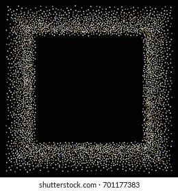 Square silver and gold sparkle frame or border of random scatter golden and silvery circles, squares, stars, triangles and pentagons isolated on black.