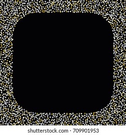 Square silver and gold sparkle frame or border of random scatter golden and silvery circles, squares, stars, triangles and pentagons isolated on black.