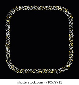 Square silver and gold sparkle frame or border of random scatter golden and silvery circles, squares, stars, triangles and pentagons isolated on black.