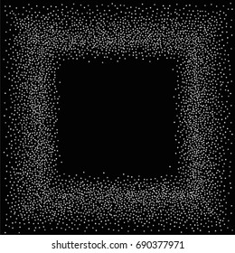 Square silver powder frame or border of random scatter silvery stars isolated on black.