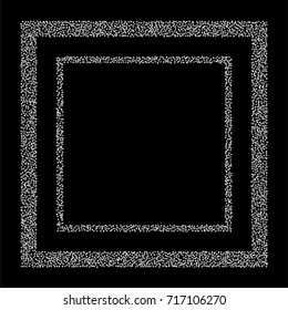 Square silver powder frame or border of random scatter silvery stars isolated on black.