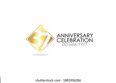 Square Simple 37 year anniversary, minimalist logo years, jubilee, greeting card. Birthday invitation, sign. Gold space vector illustration on white background - Vector