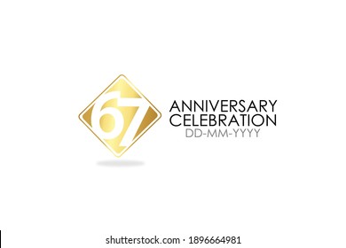 Square Simple 67 year anniversary, minimalist logo years, jubilee, greeting card. Birthday invitation, sign. Gold space vector illustration on white background - Vector