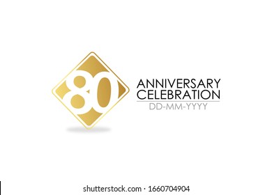 Square Simple 80 year anniversary, minimalist logo years, 80th jubilee, greeting card. Birthday invitation. 80 year sign. Gold space vector illustration on white background - Vector