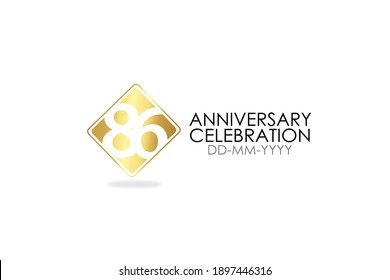 Square Simple 86 year anniversary, minimalist logo years, jubilee, greeting card. Birthday invitation, sign. Gold space vector illustration on white background - Vector