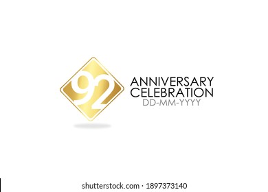 Square Simple 92 year anniversary, minimalist logo years, jubilee, greeting card. Birthday invitation, sign. Gold space vector illustration on white background - Vector