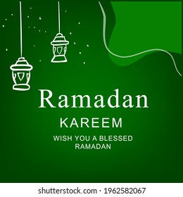 Square Simple Sketch, Ramadan Kareem Greeting, with Lantern, star, abstract shape at Gradient Green Background
