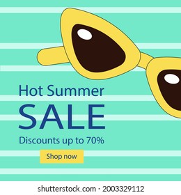 Square simple summer sale label design. Sunglasses banner with discount offer and simple background for poster, web ad, label, flyer, banner, social media ad. Retro minimal design template.