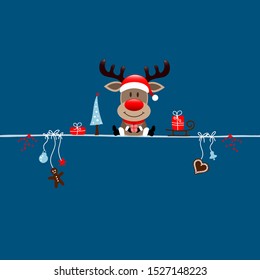 Square Sitting Christmas Reindeer And Icons Dark Blue