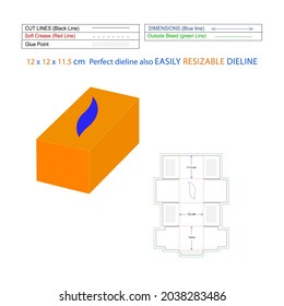 Square size facial tissue box 12 x 12 x 11.5 cm box dieline, dieline template and packaging 3D vector design