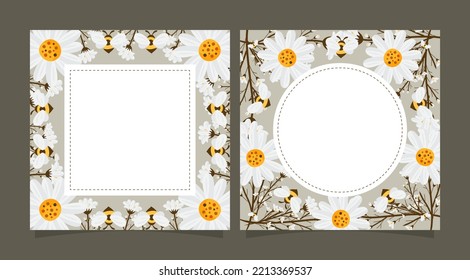 Square size of floral greeting card and invitation template for wedding or birthday anniversary, Vector shape of text box label and frame, White Daisy flowers wreath ivy style with branch and leaves.