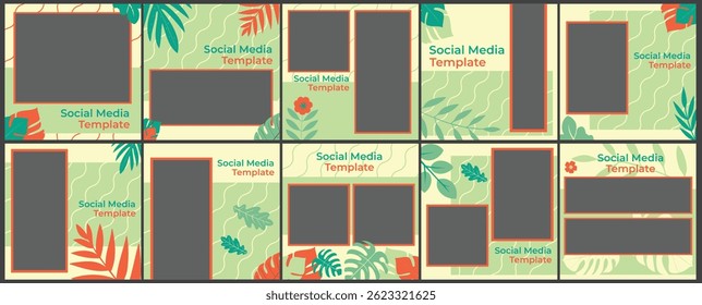 Square size Social media templates with nature theme, Instagram Feed Asset templates vector with green and orange colors