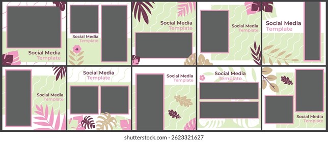 Tamanho quadrado Modelos de mídias sociais com tema de natureza, Instagram Feed Asset templates vetor com cores pastel rosa e verde